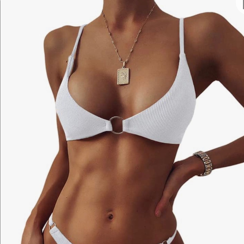 White ZAFUL Women’s Ribbed O-Ring String Padded Low Waisted Bikini Set Swimsuit